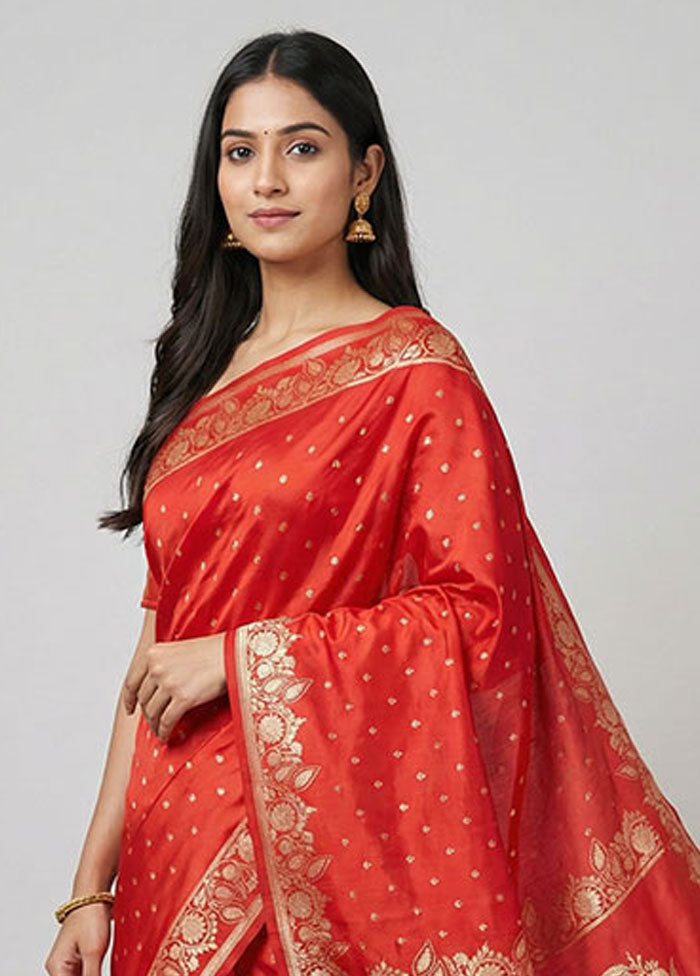 Red Banarasi Silk Saree With Blouse Piece