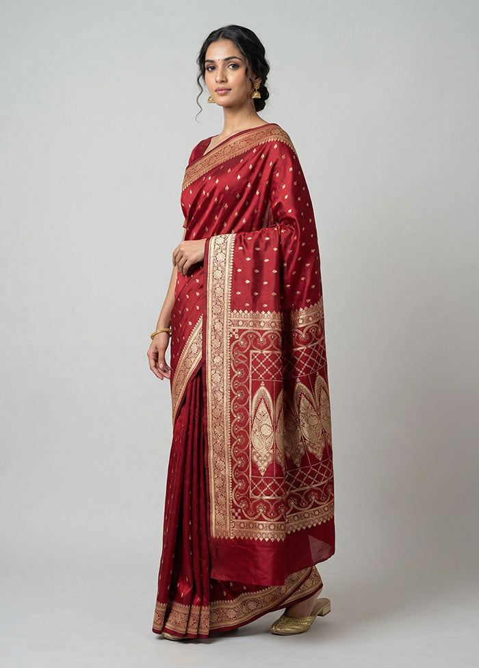 Maroon Banarasi Silk Saree With Blouse Piece
