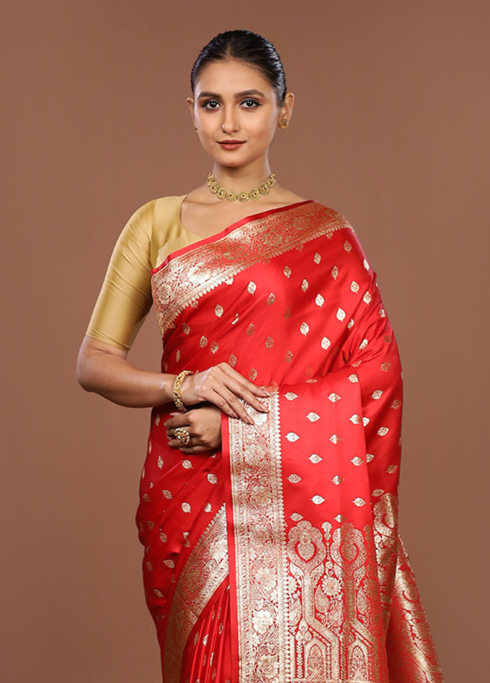 Red Banarasi Silk Saree With Blouse Piece