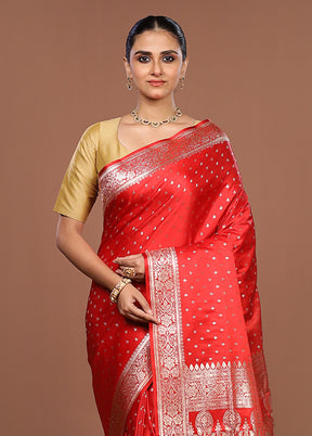 Red Banarasi Silk Saree With Blouse Piece