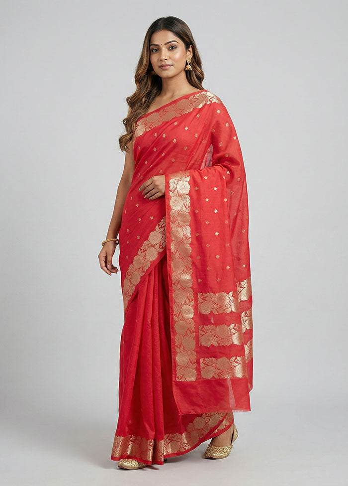 Red Dupion Silk Saree With Blouse Piece