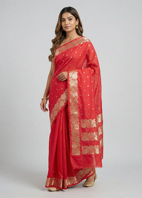 Red Dupion Silk Saree With Blouse Piece