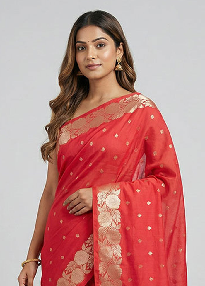 Red Dupion Silk Saree With Blouse Piece