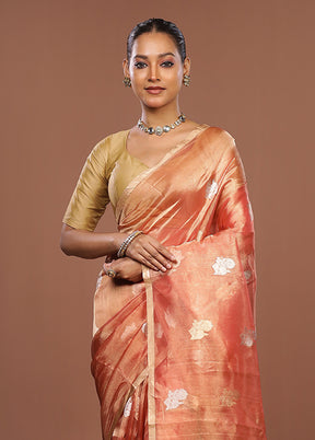 Peach Handloom Tissue Pure Silk Saree With Blouse Piece