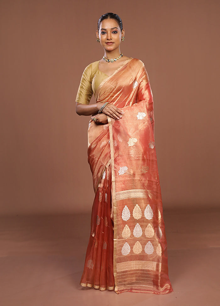 Peach Handloom Tissue Pure Silk Saree With Blouse Piece