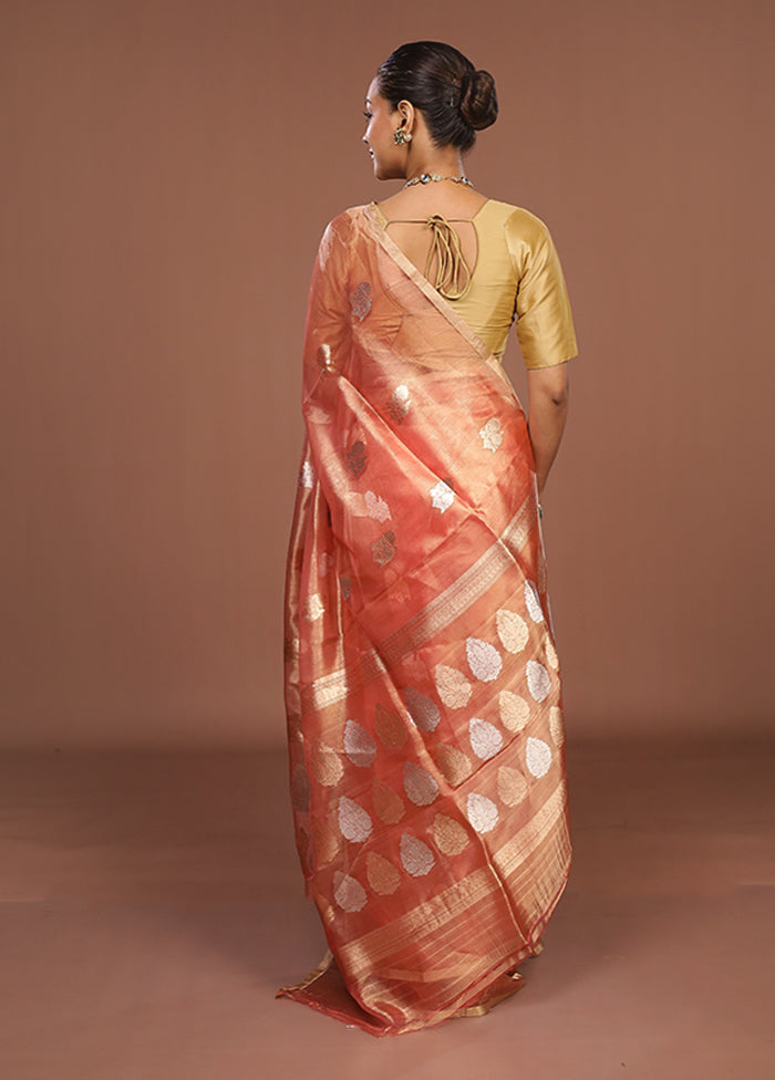 Peach Handloom Tissue Pure Silk Saree With Blouse Piece