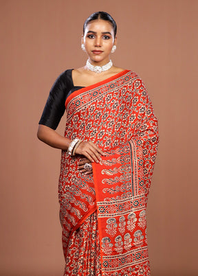 Orange Printed Silk Saree Without Blouse Piece