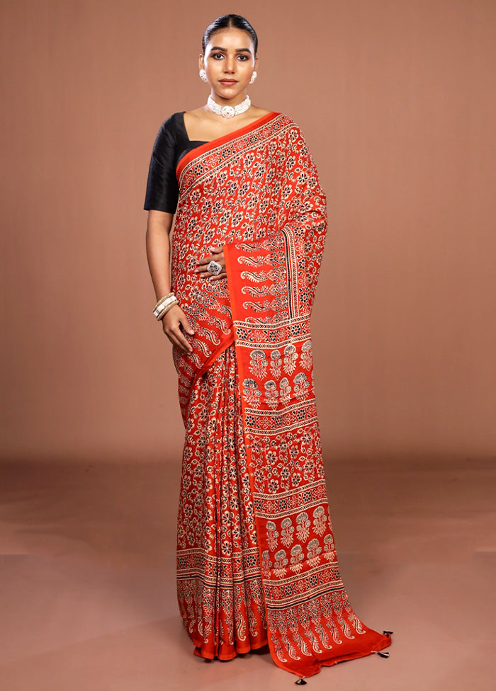 Orange Printed Silk Saree Without Blouse Piece