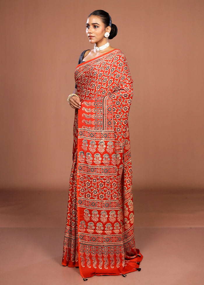Orange Printed Silk Saree Without Blouse Piece