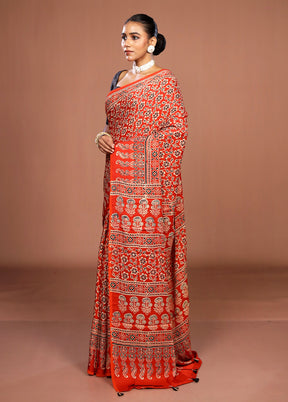Orange Printed Silk Saree Without Blouse Piece