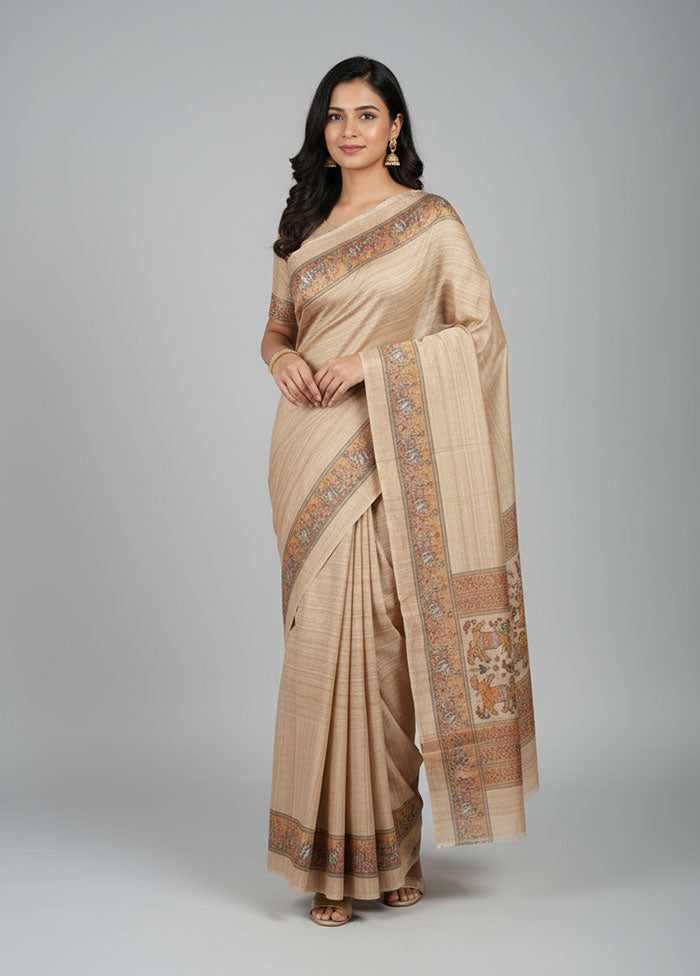 Cream Tussar Silk Saree With Blouse Piece
