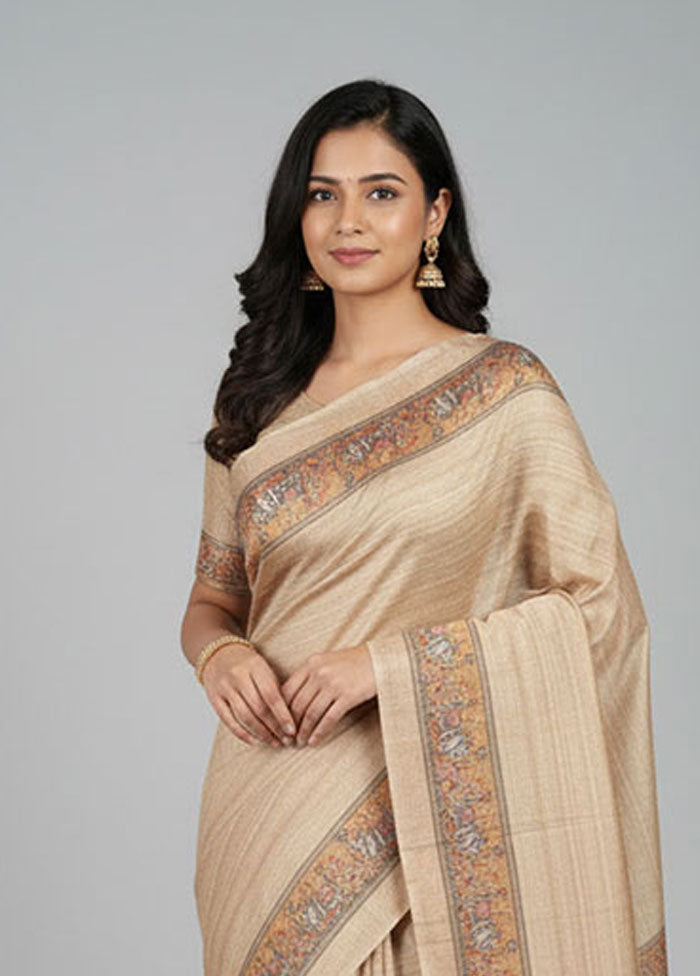 Cream Tussar Silk Saree With Blouse Piece