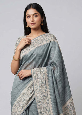 Green Tussar Silk Saree With Blouse Piece