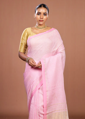 Pink Handloom Linen Pure Silk Saree With Blouse Piece