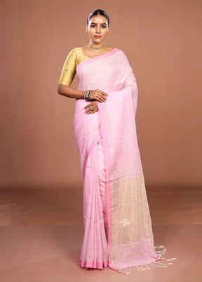 Pink Handloom Linen Pure Silk Saree With Blouse Piece