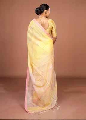 Yellow Handloom Linen Pure Silk Saree With Blouse Piece