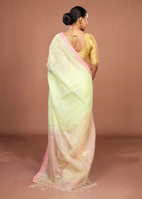 Green Handloom Linen Pure Silk Saree With Blouse Piece
