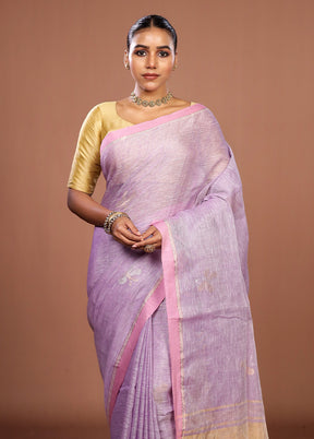 Purple Handloom Linen Pure Silk Saree With Blouse Piece