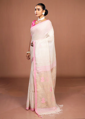 Cream Linen Silk Saree With Blouse Piece