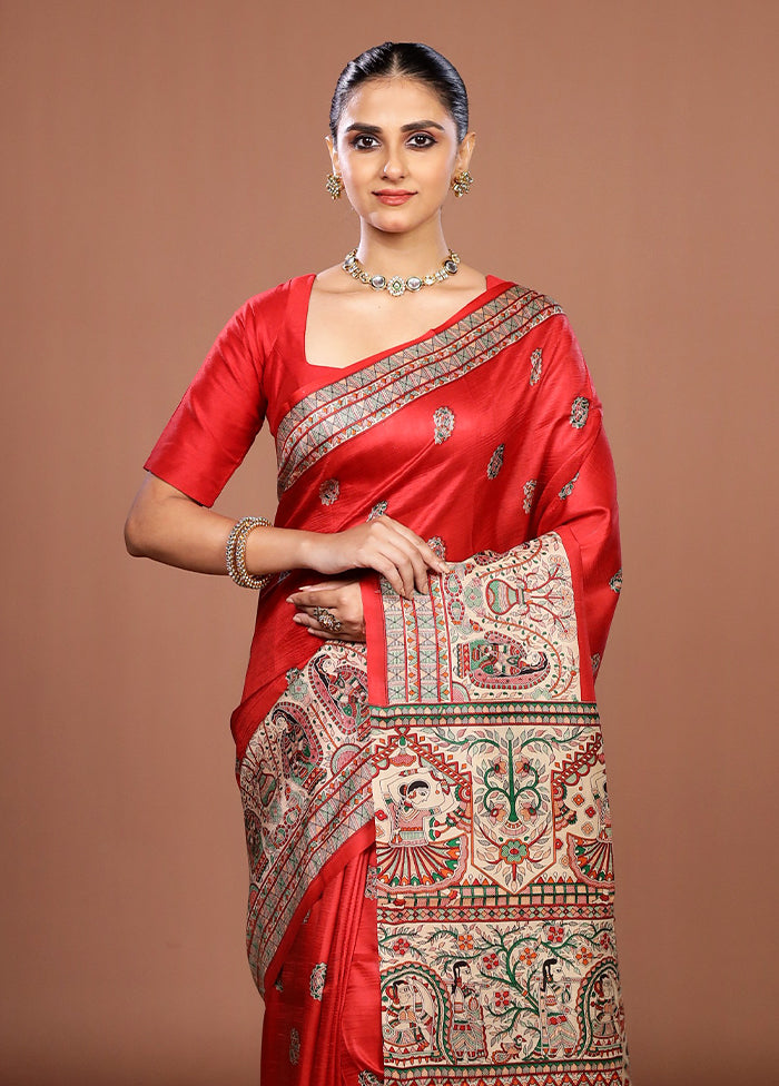 Red Printed Silk Saree Without Blouse Piece
