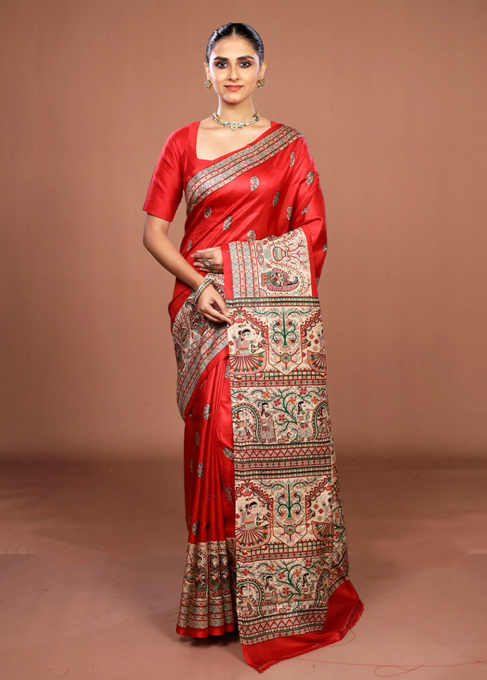 Red Printed Silk Saree Without Blouse Piece