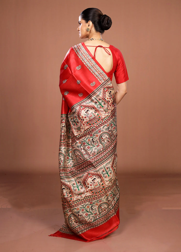 Red Printed Silk Saree Without Blouse Piece