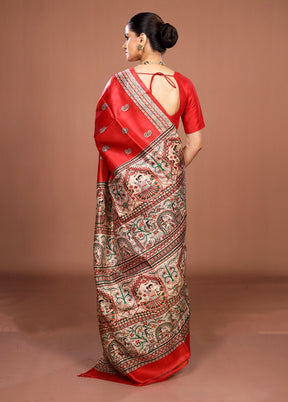 Red Printed Silk Saree Without Blouse Piece