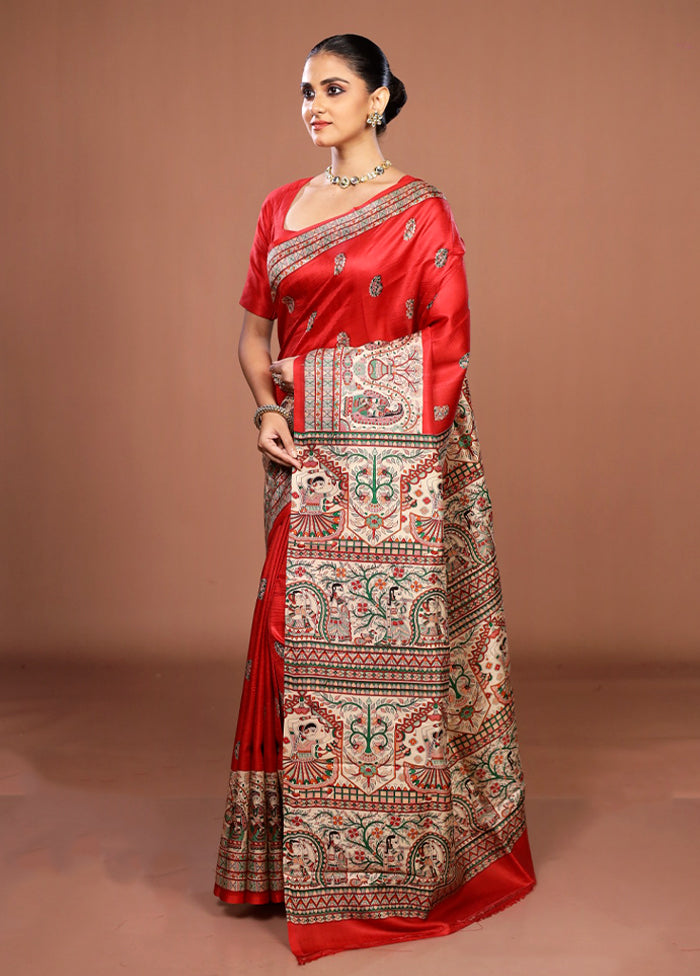 Red Printed Silk Saree Without Blouse Piece