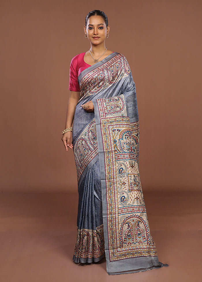 Grey Printed Pure Silk Saree Without Blouse Piece