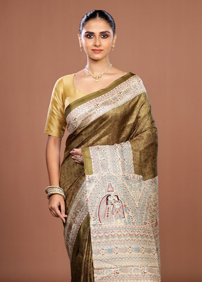Green Printed Silk Saree Without Blouse Piece