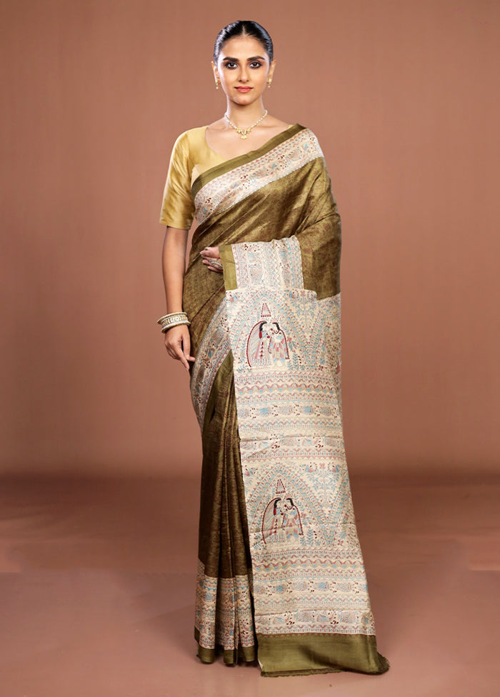Green Printed Silk Saree Without Blouse Piece