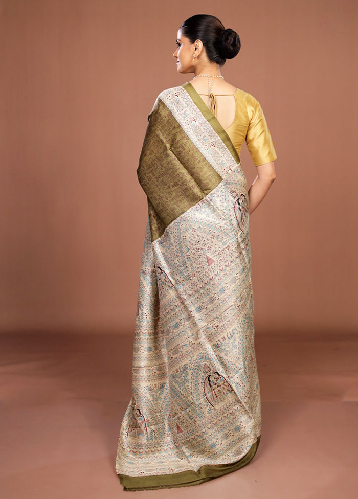 Green Printed Silk Saree Without Blouse Piece