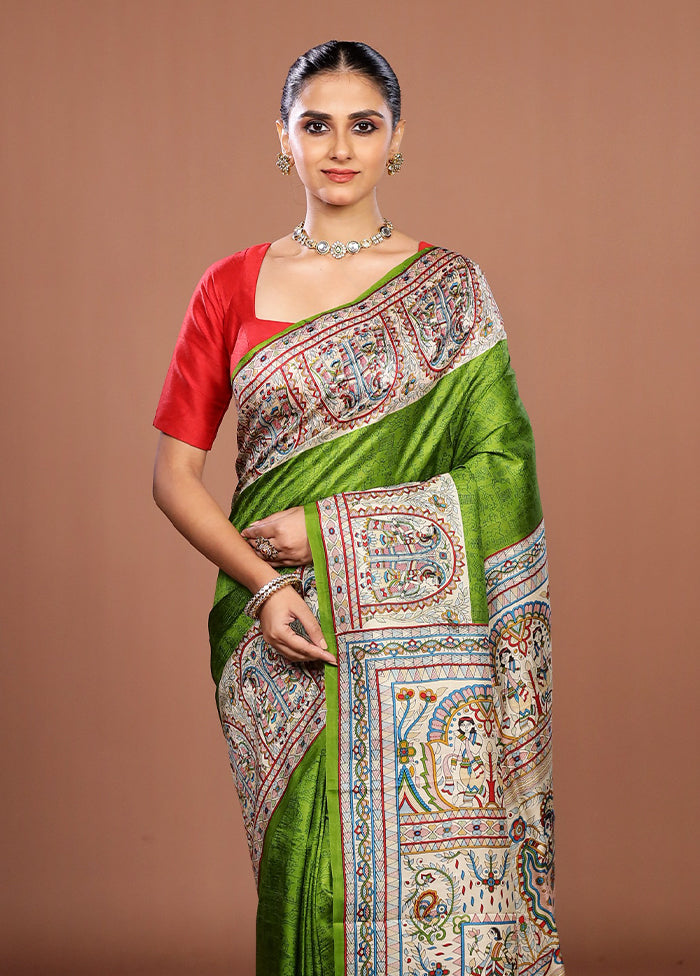 Green Printed Silk Saree Without Blouse Piece