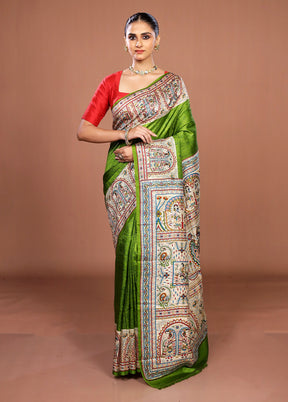 Green Printed Silk Saree Without Blouse Piece