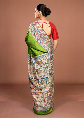 Green Printed Silk Saree Without Blouse Piece