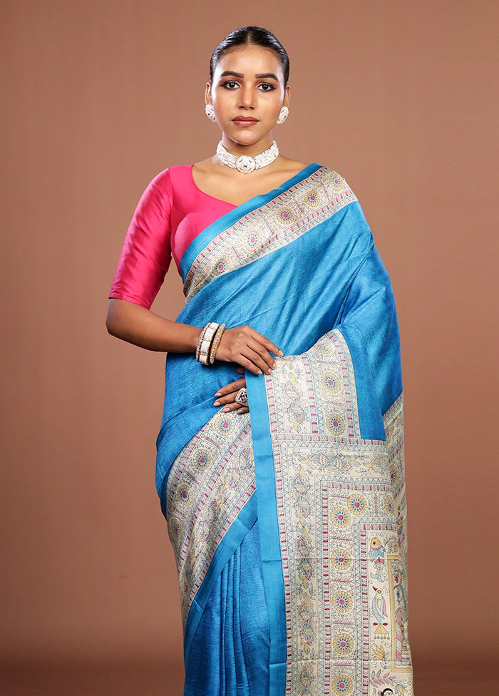 Blue Printed Silk Saree Without Blouse Piece