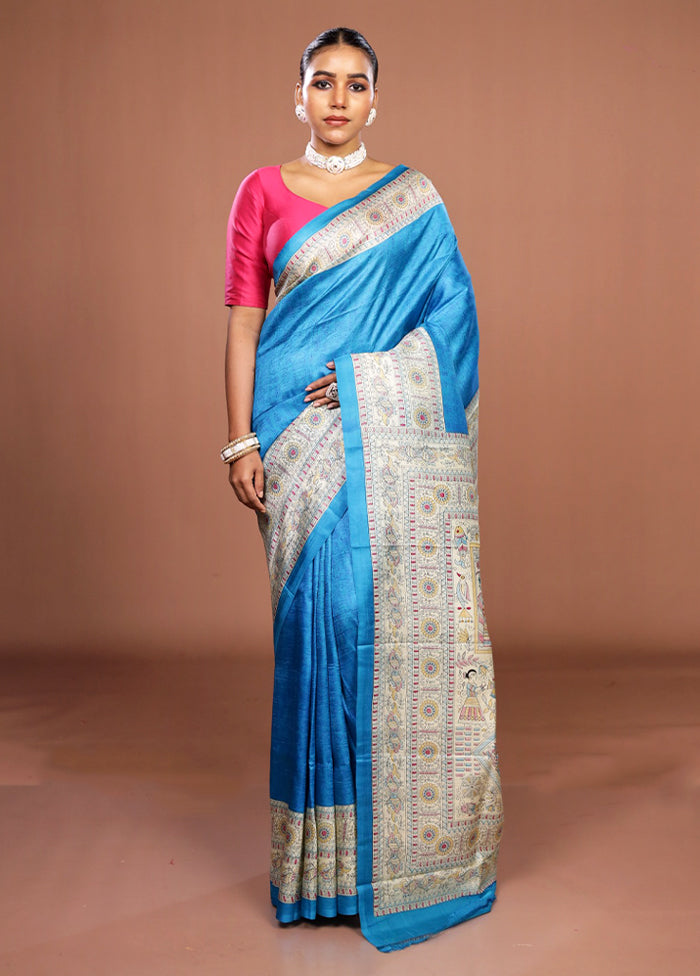 Blue Printed Silk Saree Without Blouse Piece