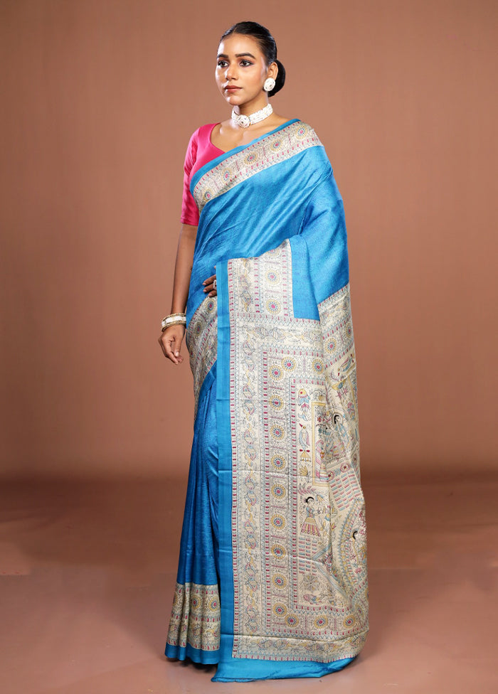 Blue Printed Silk Saree Without Blouse Piece