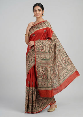 Red Printed Silk Saree Without Blouse Piece