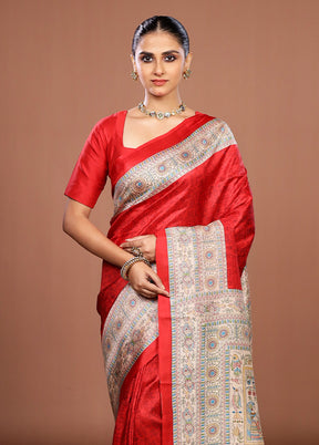 Red Printed Silk Saree Without Blouse Piece