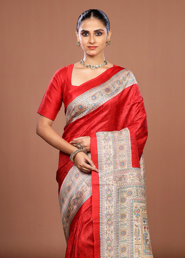 Red Printed Silk Saree Without Blouse Piece