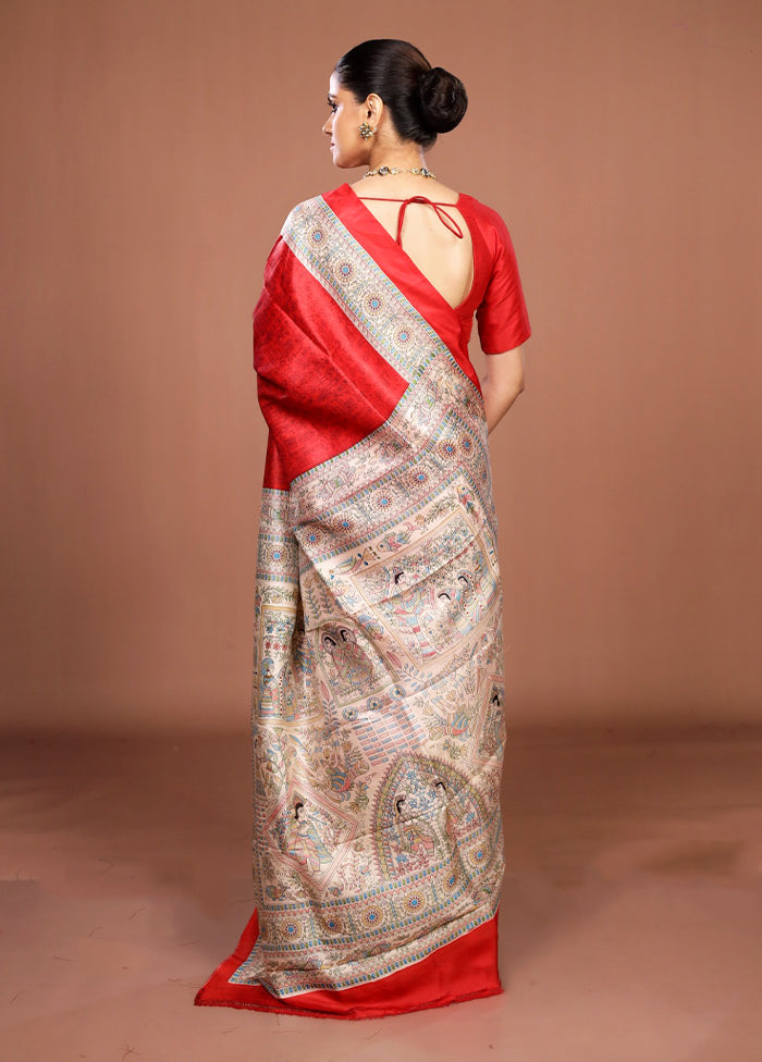 Red Printed Silk Saree Without Blouse Piece