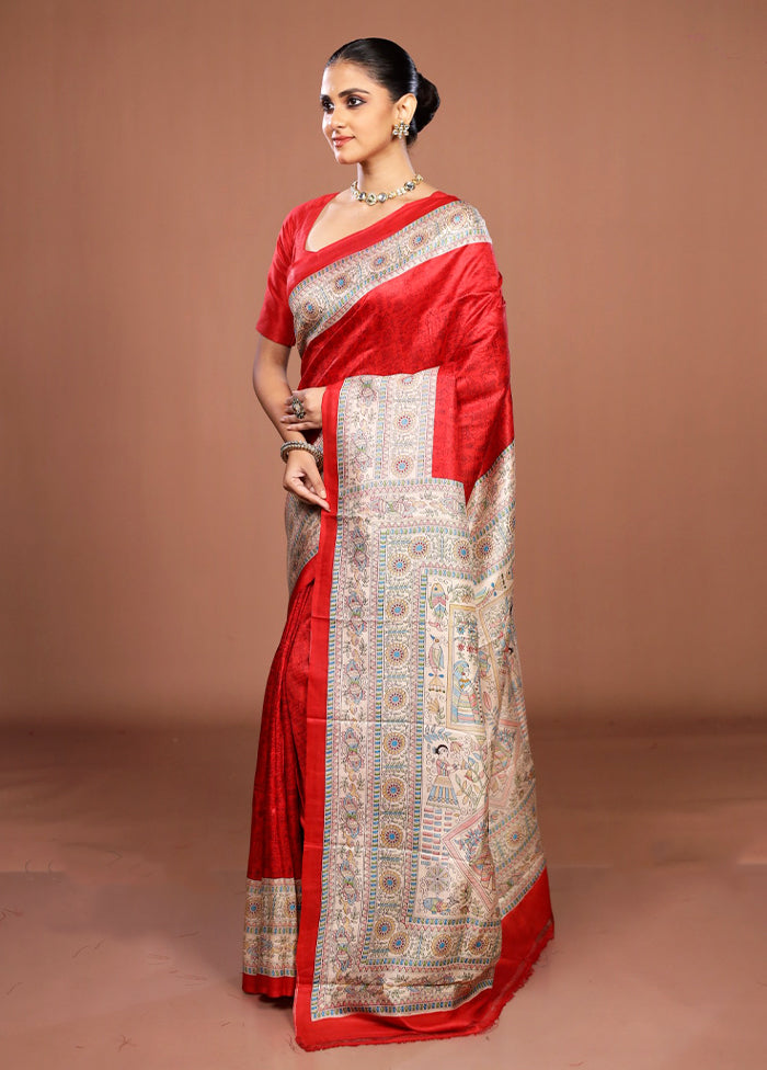 Red Printed Silk Saree Without Blouse Piece