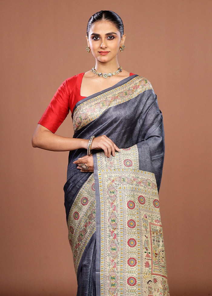 Grey Printed Silk Saree Without Blouse Piece