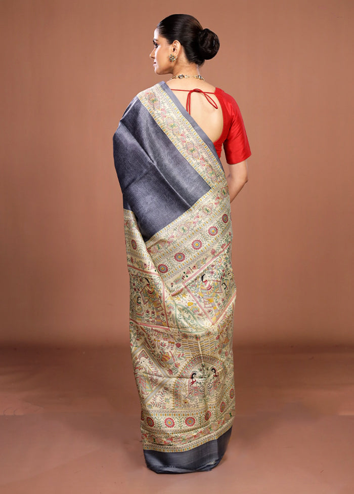 Grey Printed Silk Saree Without Blouse Piece