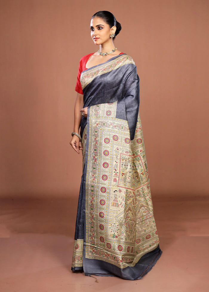 Grey Printed Silk Saree Without Blouse Piece