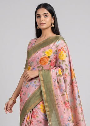 Pink Handloom Tussar Pure Silk Saree With Blouse Piece