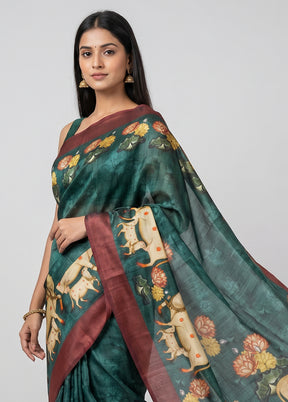 Green Handloom Tussar Pure Silk Saree With Blouse Piece