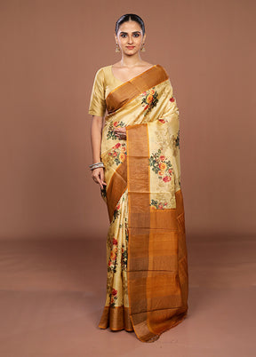 Cream Handloom Tussar Pure Silk Saree With Blouse Piece