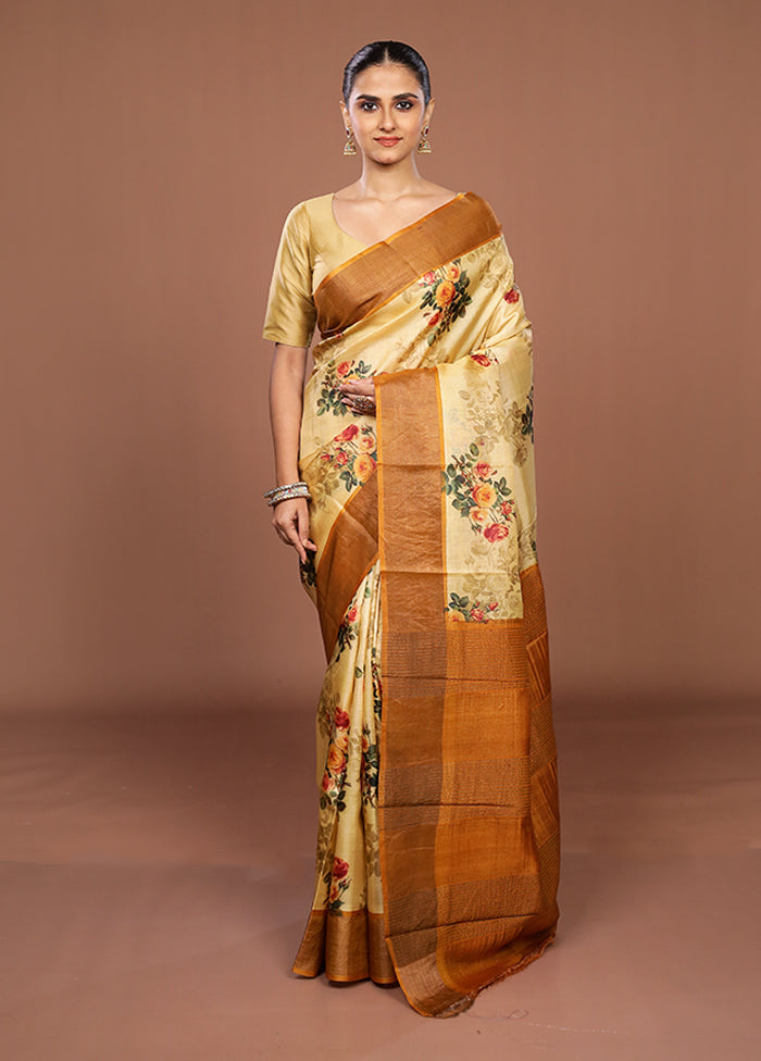 Cream Handloom Tussar Pure Silk Saree With Blouse Piece